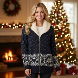 ⬇️ Nautica Dark Blue Sweater with Cream  Detachable Faux Fur Collar.